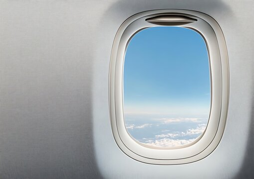  Isolated airplane window with blue sky 