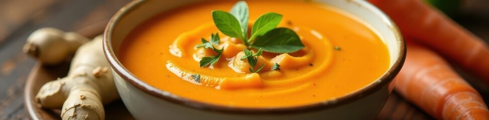 Smooth sweet potato & carrot soup with fresh ginger, close-up, delicious, vibrant