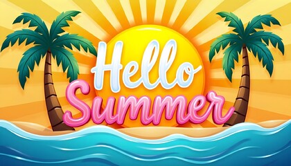 A vibrant Hello Summer illustration featuring a bright yellow sun with radiating beams, two green palm trees, and blue ocean waves. The text Hello Summer is prominently displayed in the center.