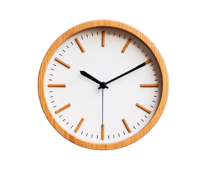 Minimalist wall clock with wooden frame isolated on transparent background