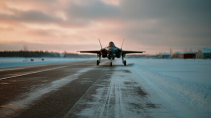A jet plane stands poised on a snow-covered runway at sunrise, symbolizing power and readiness against a serene backdrop.
