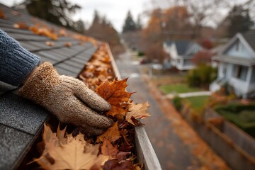 Homeowner clearing roof leaves in autumn for seasonal property care  

