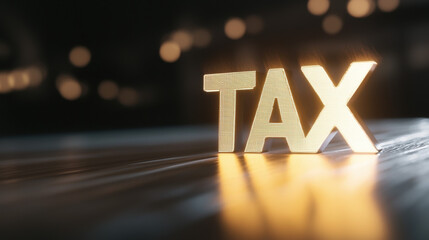 Digital hologram of tax text in sleek transparent style, illuminated with warm glow, creating modern and professional atmosphere. This conveys importance of tax in finance
