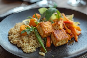 Fototapeta premium Vegan quinoa and tofu salad with fresh vegetables and arugula