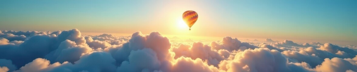 Fototapeta premium Sunlit hot air balloon soars above dramatic cloud formations, clear blue sky , travel, aerial view