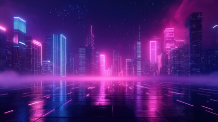 Futuristic cityscape at night, vibrant neon lights, reflecting on wet pavement
