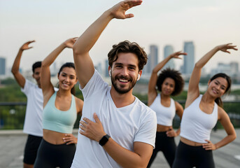 team of active adults participating in morning yoga near cityscape
