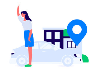 Flat vector concept operation hand drawn illustration of people taking a taxi
