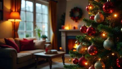 Colorful Christmas tree with ornaments and lights in a cozy living room, Cozy, Living room, Christmas tree decorations