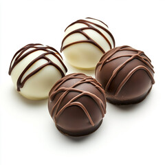 Obraz premium Elegant white and dark chocolate drizzles atop three chocolate truffles, placed amidst a clean, all-white background.