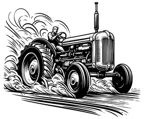 farmer in a cap operating a classic tractor, symbolizing traditional agriculture and rural life engraving generative ai sketch PNG illustration