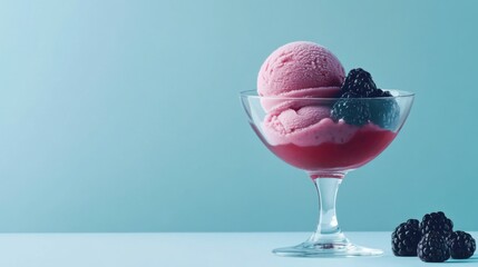 A delicious blackberry sorbet scoop in a glass bowl, with fresh blackberries and a drizzle of honey, set on a clean, modern background with copy space.