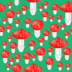 Vector Red Mushroom Seamless Pattern on Green Background.