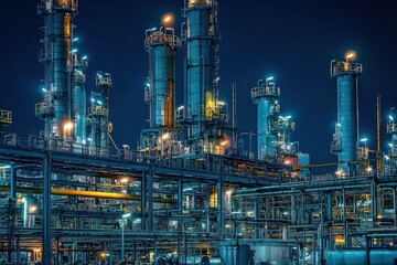 Industrial refinery with illuminated pipes and towers against a dark sky at night