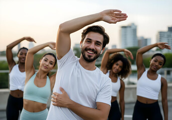yoga enthusiasts stretching arms during sunrise session on rooftop 