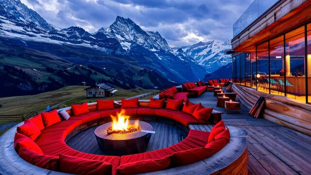 Friends relax around a warm firepit while enjoying breathtaking mountain views and a tranquil evening atmosphere