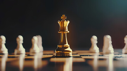 Golden King's strategic Position: The golden king piece, commanding attention in a chess game, stands at the center, symbolizing power and authority on the checkered board.