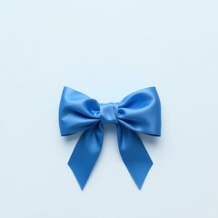 Blue satin bow, light blue background, centered composition, close-up, soft lighting, minimalist, elegant, symmetrical, textile detail, gift wrapping, decorative accent