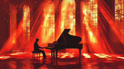 Echoes of Harmony: A solitary figure immersed in the ethereal glow, gracefully plays a grand piano in a gothic-inspired setting.