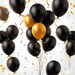 Festive balloons, black and gold color scheme, celebration, party decorations, confetti, shiny surfaces, realistic rendering, high contrast, elegant design, floating balloons, cluster arrangement
