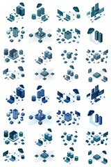 Large set of isometric modern technology concept for cloud computing, datacenter, database, artificial intelligence, and blockchain technology. Isometric technology