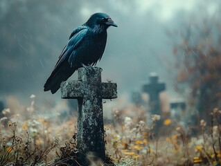 A solitary raven perched on a weathered cross in an abandoned cemetery