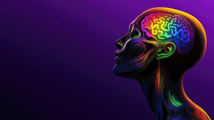 Obraz premium Colorful anatomical illustration of a human head and brain in profile view, highlighting the brain with vibrant rainbow colors, set against a dark purple gradient background.