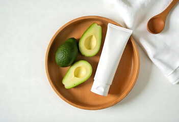 A white unlabeled cosmetic tube and fresh avocado are placed on a round wooden plate, a white towel and wooden spoon are placed next to it. Minimalist concept for cosmetics advertising.