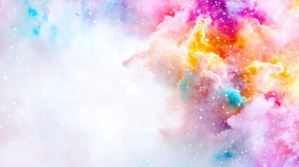 Fototapeta premium Colorful nebula-like abstract painting. A vibrant display of swirling hues, from pinks and purples to yellows and blues, with a soft, starry backdrop. 
