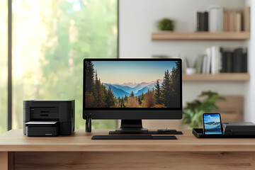 Workspace Serenity: A modern workstation, featuring a sleek desktop computer, printer, smartphone, and organizer, situated on a natural wooden desk against a scenic window view.