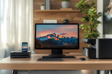 Modern Workspace: A minimalist home office setting with a sleek desktop computer, smartphone, printer, and a thriving potted plant, all arranged on a natural wooden desk.