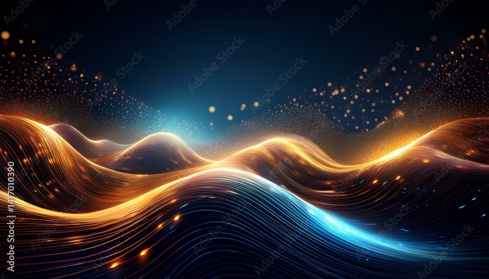 Poster energy abstraction of fractal realms. visualization of wave particle. virtual fractal realms. abstract background with space wave pattern with glowing particles.