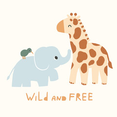 Cute card with elephant, giraffe and kiwi bird, for baby shower decor, nursery print, kids apparel, wrapping paper, fabric, and textile. Vector illustration.