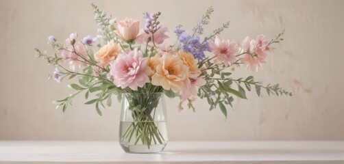 Delicate pastel watercolor flowers in a glass vase, soft hues ,  sophisticated,  visual