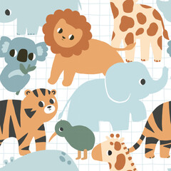 Seamless pattern with cute safari animals elephant, koala, kiwi bird, lion, rhinoceros, tiger and giraffe. Hand drawn vector illustration for kids and babies. Bright colors