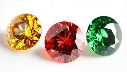 Fototapeta premium Three round-cut gemstones in red, yellow, and green on a white background