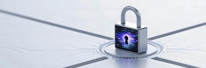Digital illustration of a futuristic padlock with a glowing digital keyhole – Representing security and trust in financial transactions, perfect for tech or cybersecurity themes.