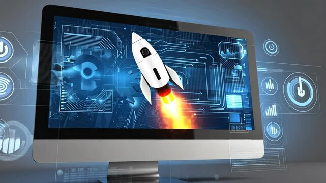 Illustration of a computer monitor displaying a rocket launching with advanced technology interface, data analysis, and system gears.