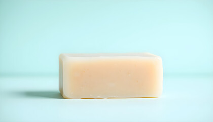 Clean Beauty: Single Bar of Natural Soap on Light Blue Background, Minimalism.