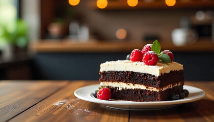 Black forest cake on wood table and coffee background in coffee shop
