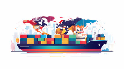 Global Trade Vessel: A cargo ship loaded with colorful shipping containers sails across the world, symbolizing international commerce and global trade.