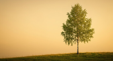 A solitary tree stands on a small hill against a soft, golden background, evoking tranquility.