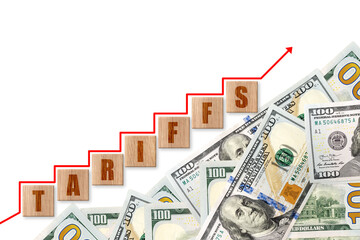 100 dollars on a white background with word TARIFFS. Trade, duty, customs and tariffs war