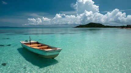 Turquoise waters, small boat, island horizon