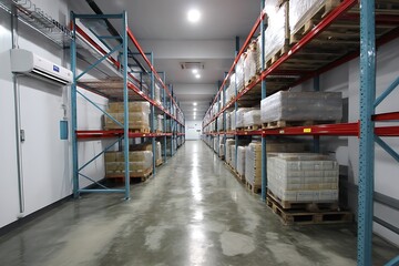 Obraz premium Cold room with shelves and pallets represents temperature-controlled storage 