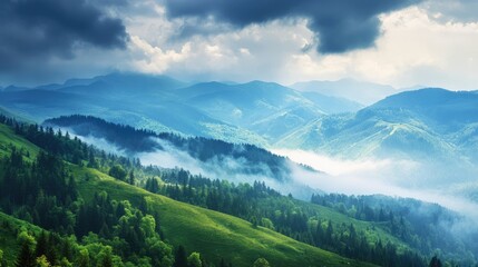 Fototapeta premium A stunning landscape featuring a crystal-clear river, majestic mountains, a cascading waterfall, and vibrant wildflowers, capturing nature's breathtaking beauty and serene charm.