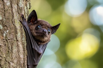 Close-up of bat hanging on tree in natural habitat with bokeh background