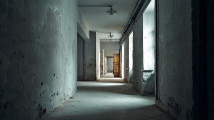 Obraz premium A long, shadowy hallway leads to a sunlit door, evoking mystery and anticipation.
