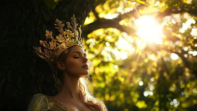 Enchanting Forest Queen with Golden Crown Leaning Against Ancient Tree in Sunlight