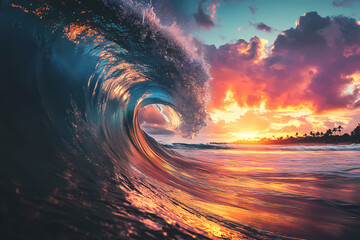 Ocean Wave Sunset: A majestic ocean wave curls into a breathtaking barrel roll against a vibrant sunset, showcasing nature's awe-inspiring power and beauty.